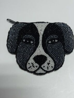 Hand Beaded Black Dog Coin Purse Zip Pouch Novelty Puppy Wallet NWOT